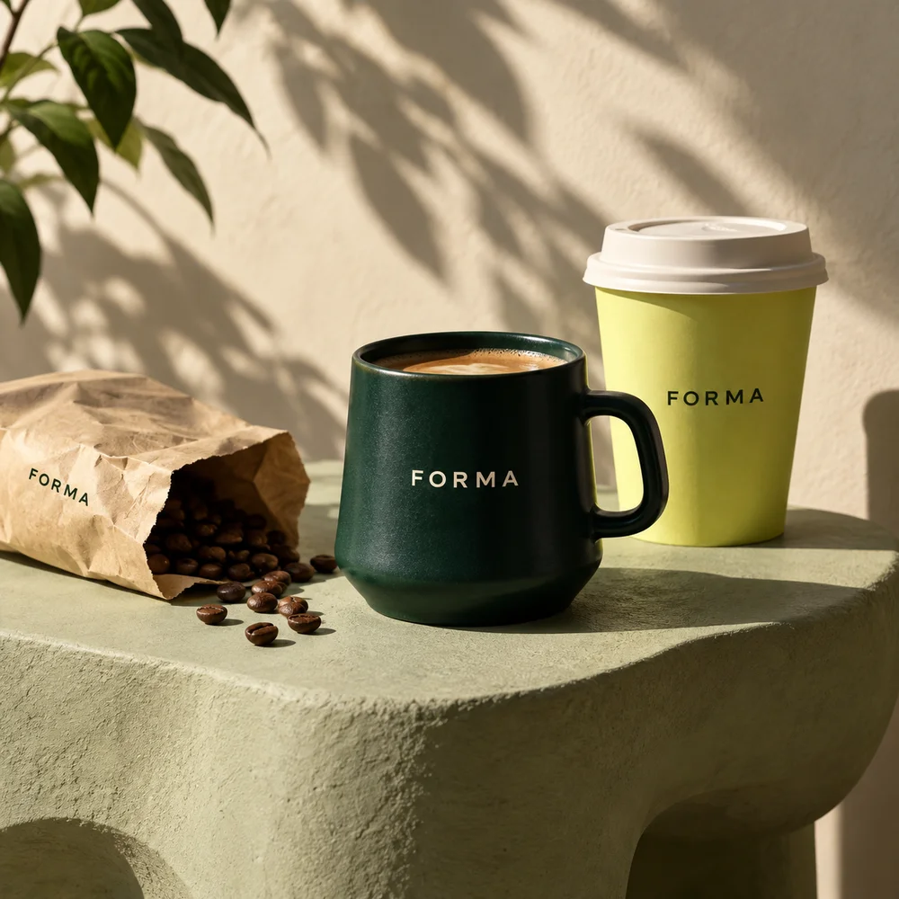 Forma Coffee campaign with forest green and lime coffee cups in afternoon sunlight
